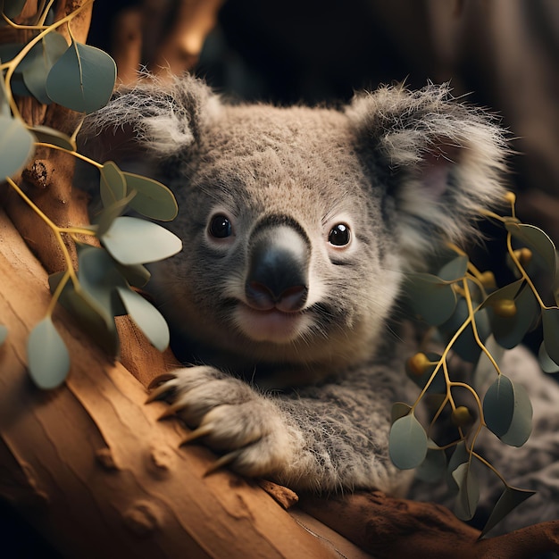 Un Koala contento abbracciato su un ramo di eucalipto in un'illustrazione fotorealista iperrealistica