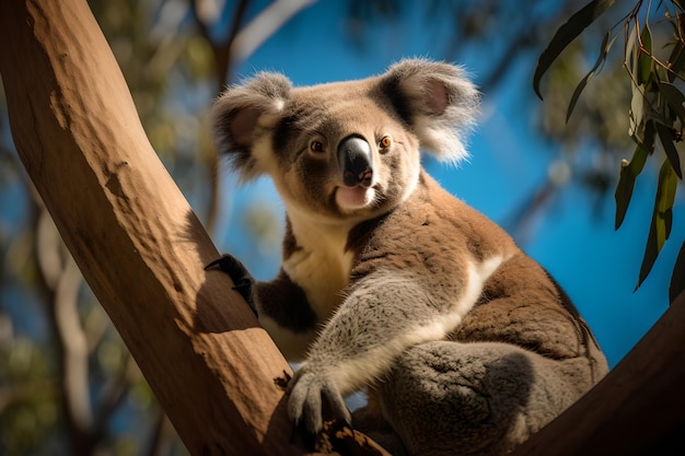 Un koala si siede su un ramo di un albero