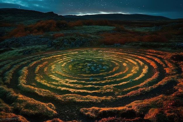 Un labirinto a spirale con le stelle all'orizzonte