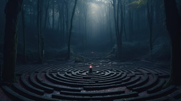 Un labirinto circolare al centro di una foresta generativa ai immagine