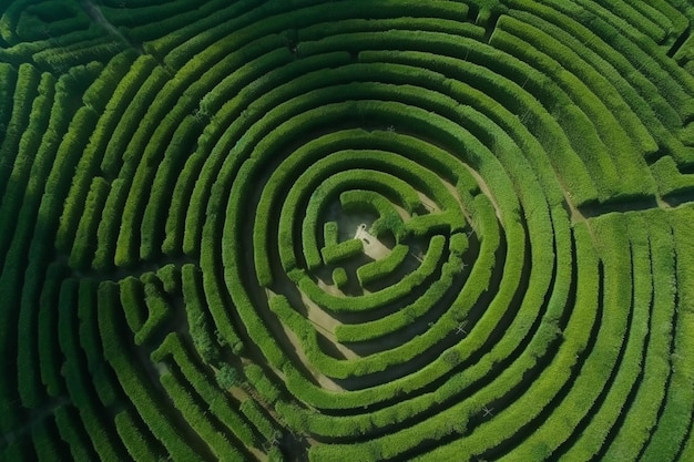 Un labirinto circolare è visto dall'alto, con un piccolo stagno nel mezzo.