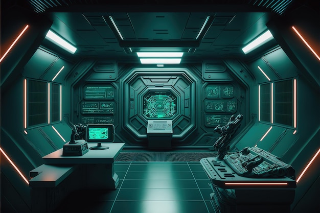 Un laboratorio all'interno di un'astronave e un podio vuoto per la presentazione di un cyberpunk