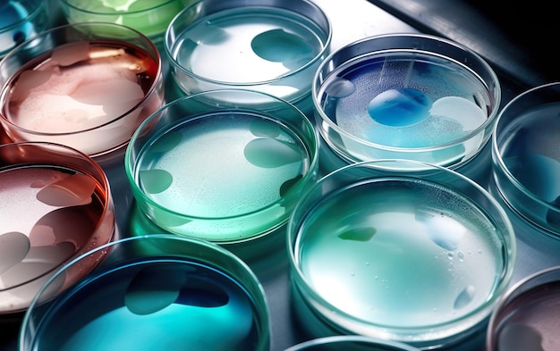 Un laboratorio con diversi campioni di liquidi colorati