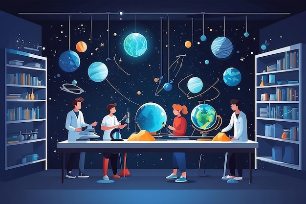 un laboratorio di fisica con studenti che sperimentano i principi dell'astrofisica e l'illustrazione vettoriale dello spazio-tempo in stile piatto