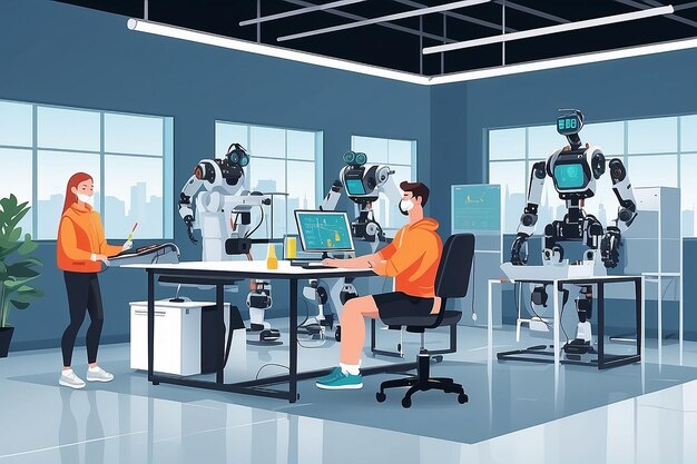 un laboratorio di robotica con studenti che programmano esoscheletri robotici per l'illustrazione vettoriale di riabilitazione in stile piatto