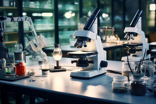 Un laboratorio di scienziati con un microscopio e una bottiglia di liquido.