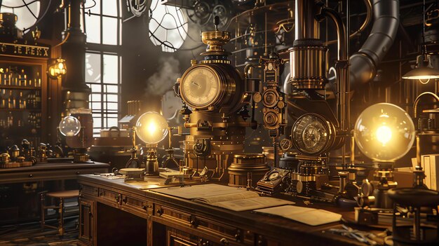 Un laboratorio steampunk ornato con dispositivi luminosi e un grande orologio