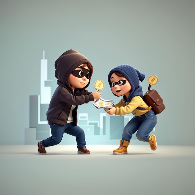 Un ladro carino ruba soldi a una donna cartone animato icona vettoriale illustrazione persone icona finanziaria isolata