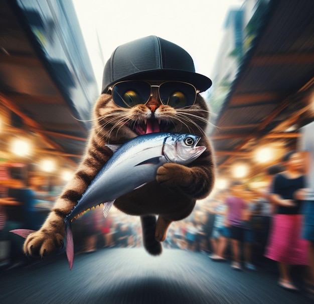 Un ladro di gatti divertente indossa un berretto e occhiali da sole e fugge dal mercato con un salmone alla griglia rubato.