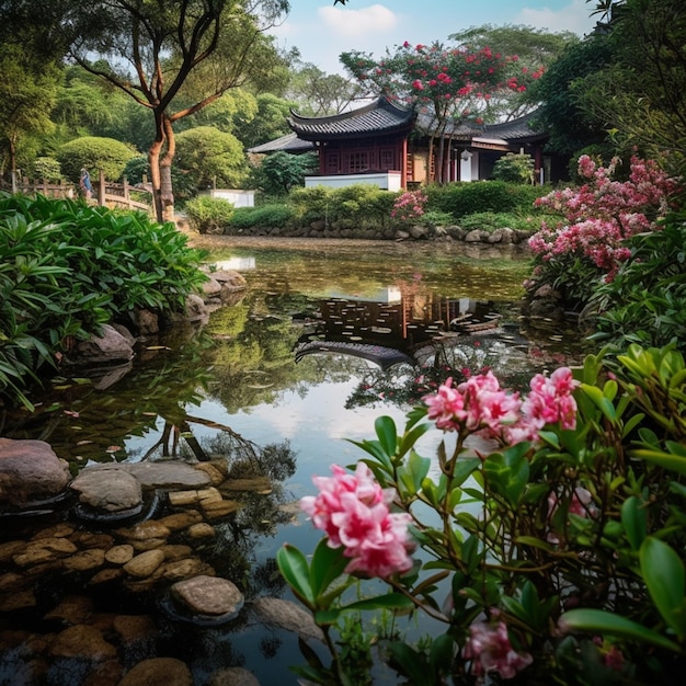 Un laghetto con fiori e alberi di fronte