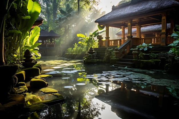 un laghetto con gazebo e un laghetto d'acqua