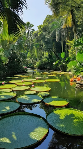 Un laghetto tranquillo di gigli d'acqua in un lussureggiante giardino botanico