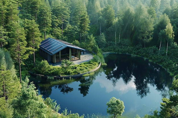 Un lago a forma di casa con pannelli solari e batterie nel mezzo di una foresta sana