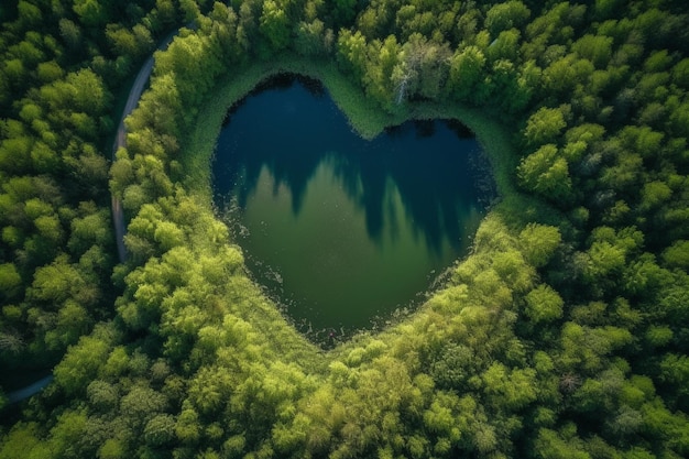 Un lago a forma di cuore nella foresta