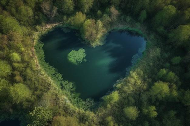 Un lago a forma di cuore nella foresta