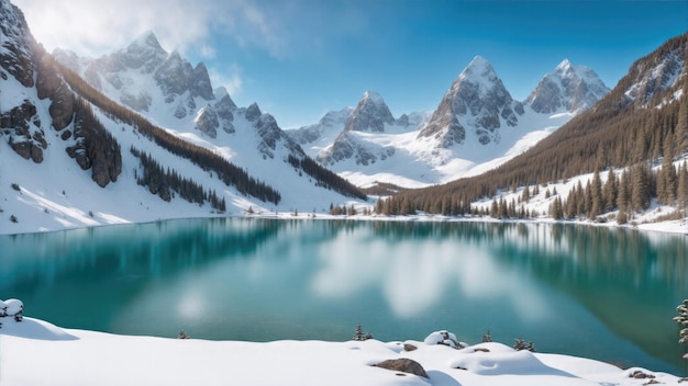 Un lago alpino cristallino annidato tra le montagne innevate un soleggiato giorno d'inverno un soffio d'aria fresca