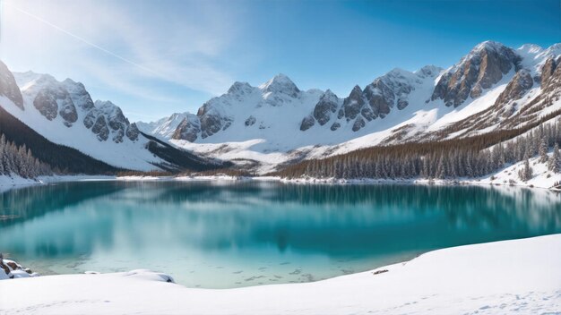 Un lago alpino cristallino annidato tra le montagne innevate un soleggiato giorno d'inverno un soffio d'aria fresca