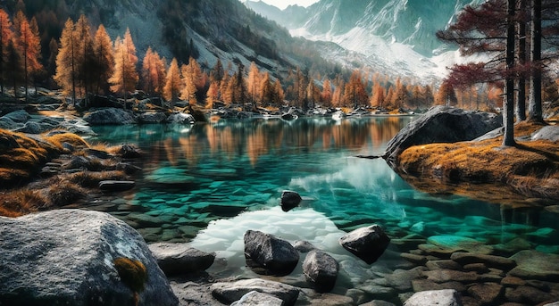 Un lago alpino in una foresta con le montagne sullo sfondo