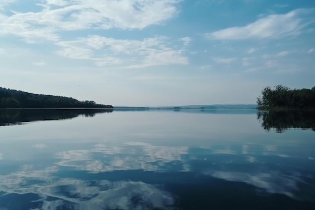 Un lago calmo con un cielo azzurro e nuvole