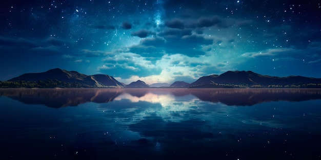 un lago calmo dove la superficie dell'acqua riflette un enorme cielo con stelle luminose