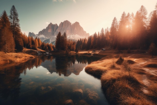 Un lago circondato da alberi con una montagna sullo sfondo IA generativa