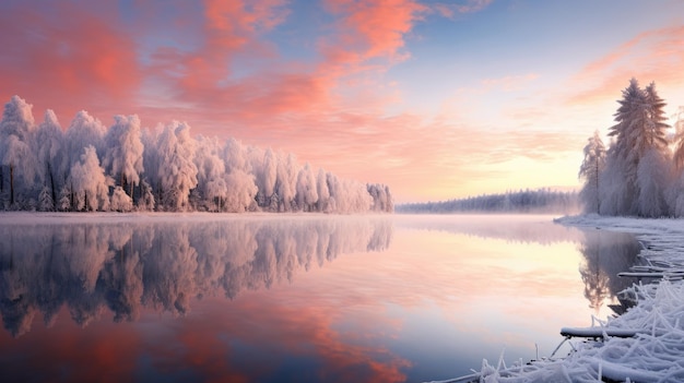 un lago circondato da alberi coperti di neve sotto un cielo rosa