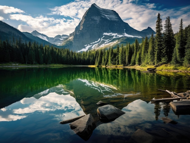 un lago circondato da alberi e montagne