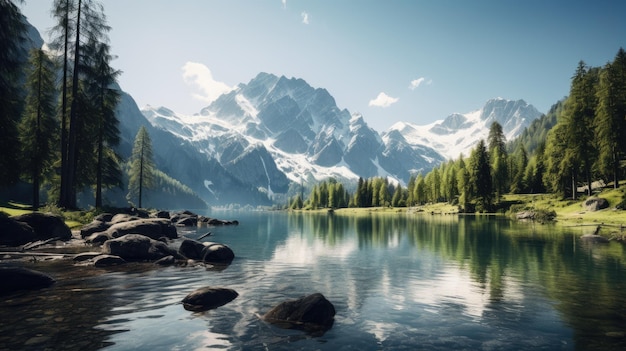 un lago circondato da alberi e montagne