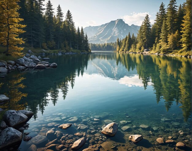 un lago circondato da alberi e rocce