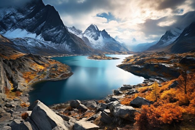 un lago circondato da montagne e rocce sotto un cielo nuvoloso