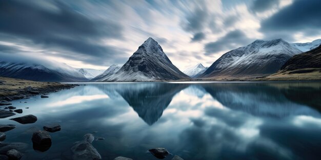 un lago circondato da montagne sotto un cielo nuvoloso