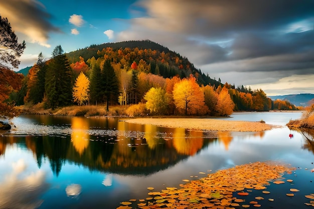 Un lago con alberi autunnali e una montagna sullo sfondo.