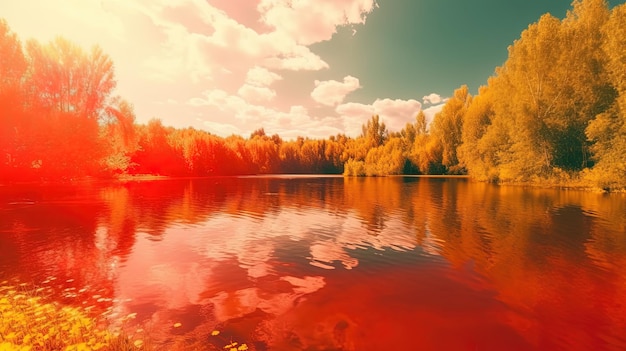 Un lago con alberi e il cielo sullo sfondo