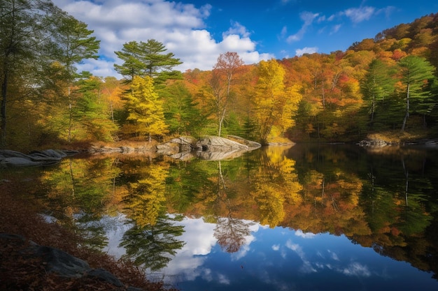 Un lago con alberi e un cielo azzurro con nuvole