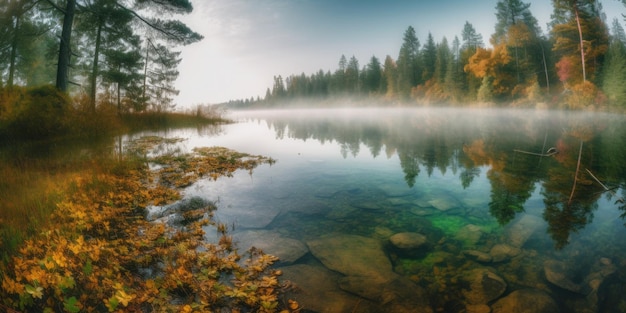Un lago con alberi e un cielo nebbioso