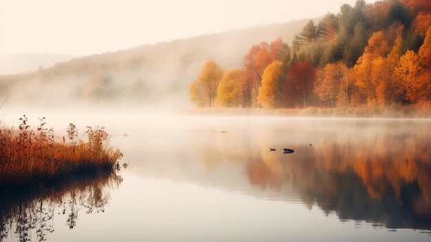 Un lago con alberi e un cielo nebbioso