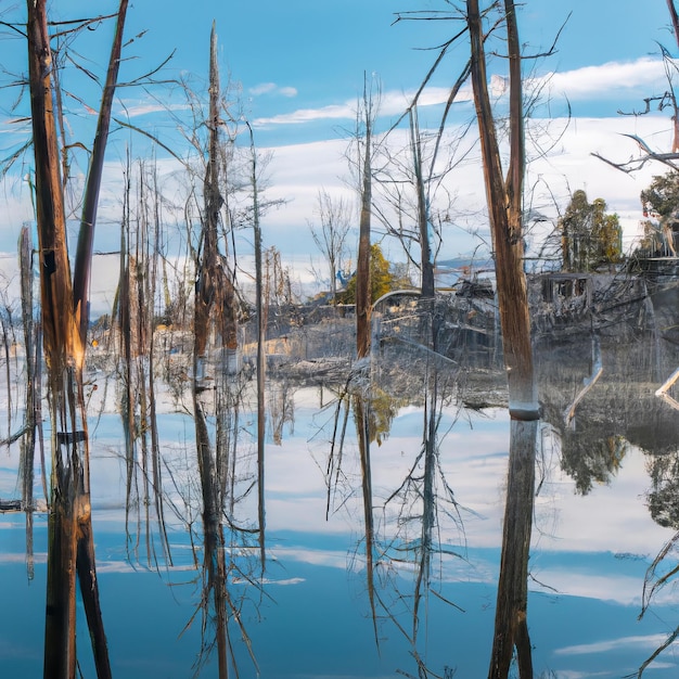 Un lago con alberi morti e un edificio sullo sfondo