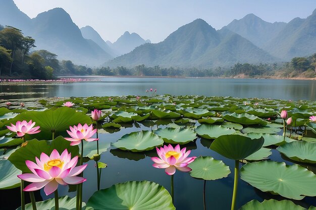 Un lago con fiori di loto in primo piano e montagne sullo sfondo