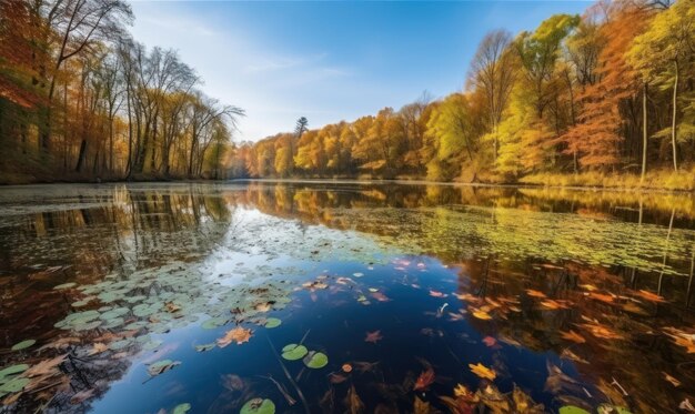 Un lago con foglie autunnali su di esso