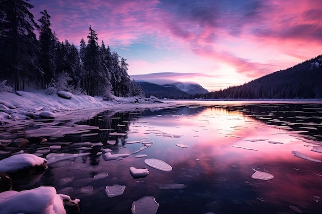 un lago con ghiaccio e neve su di esso