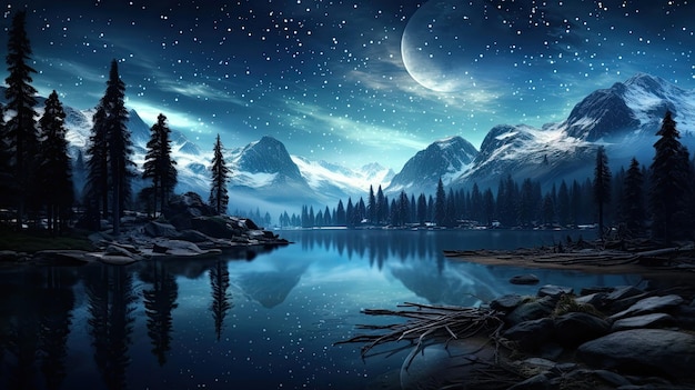 Un lago con la luna piena e alberi sullo sfondo.