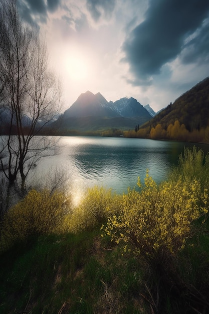 Un lago con le montagne sullo sfondo