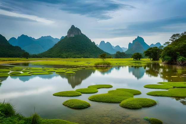 Un lago con le montagne sullo sfondo