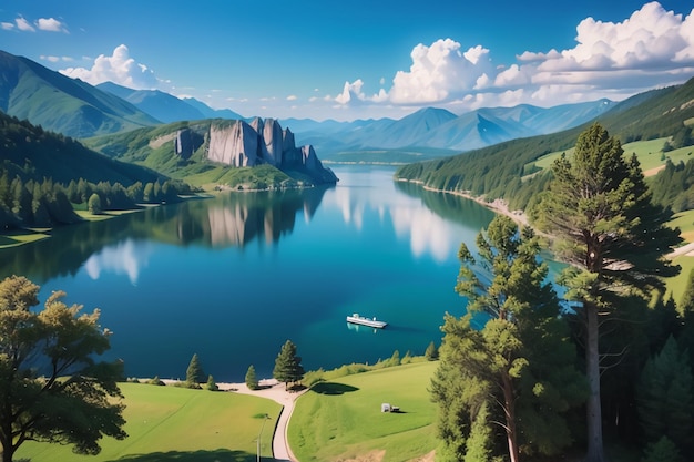 Un lago con le montagne sullo sfondo