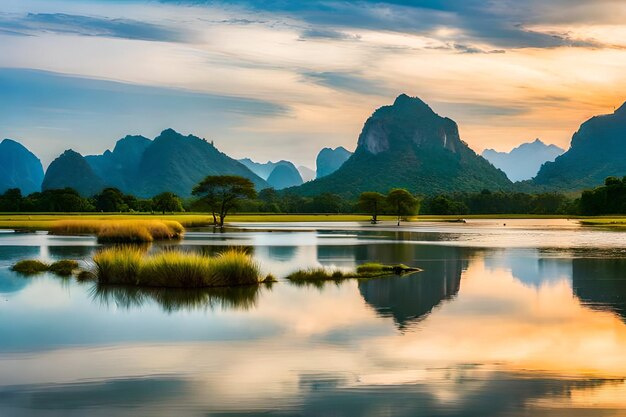 un lago con le montagne sullo sfondo