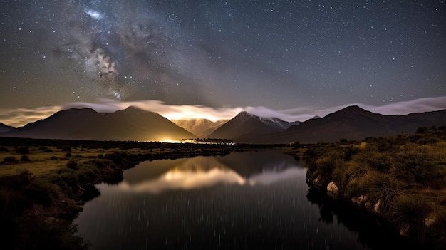 un lago con montagne e stelle nel cielo