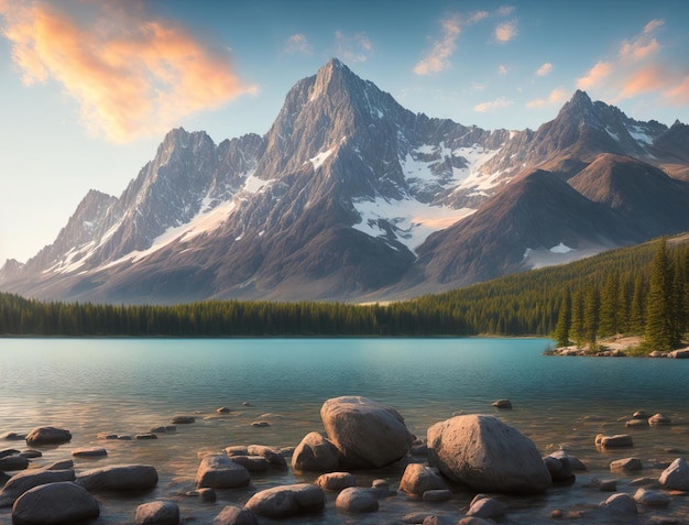 Un lago con montagne e un lago in primo piano