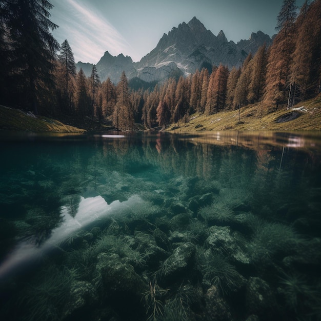 Un lago con montagne sullo sfondo e un lago con alberi in primo piano.