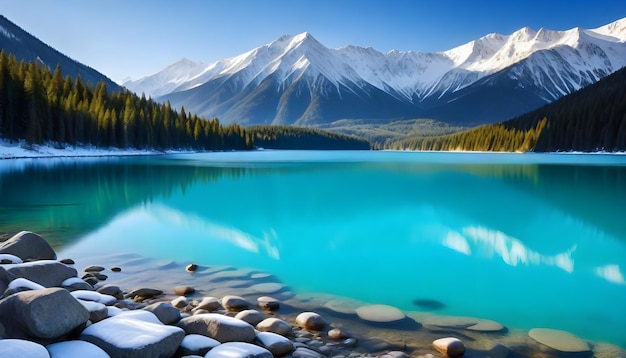 un lago con rocce e montagne sullo sfondo