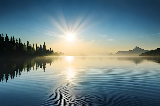 Un lago con sopra uno sprazzo di sole e il cielo è azzurro e il sole sta tramontando.